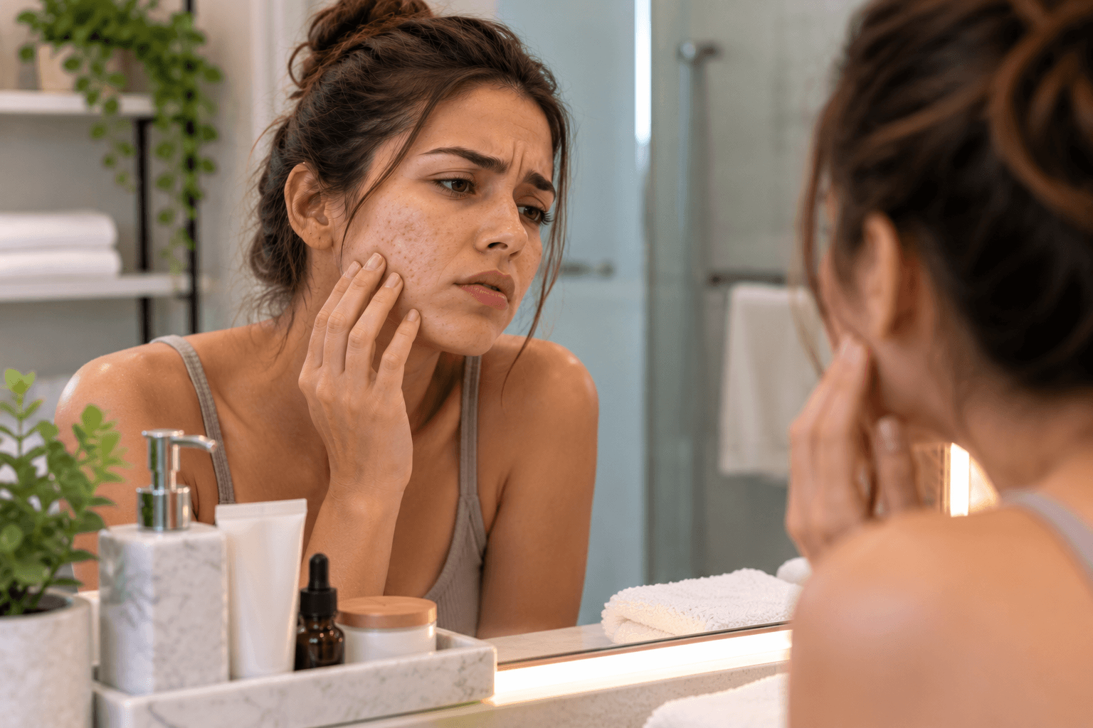 Esthetician reviewing a client's skin during an acne treatment consultation in Orlando, Florida