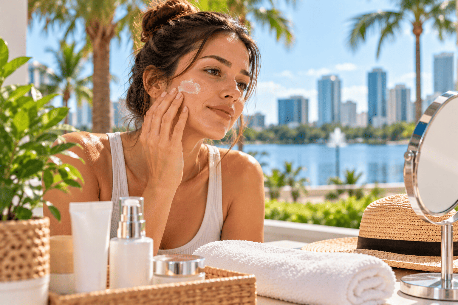 Young woman applying sunscreen as part of her daily skin care routine in Orlando, Florida