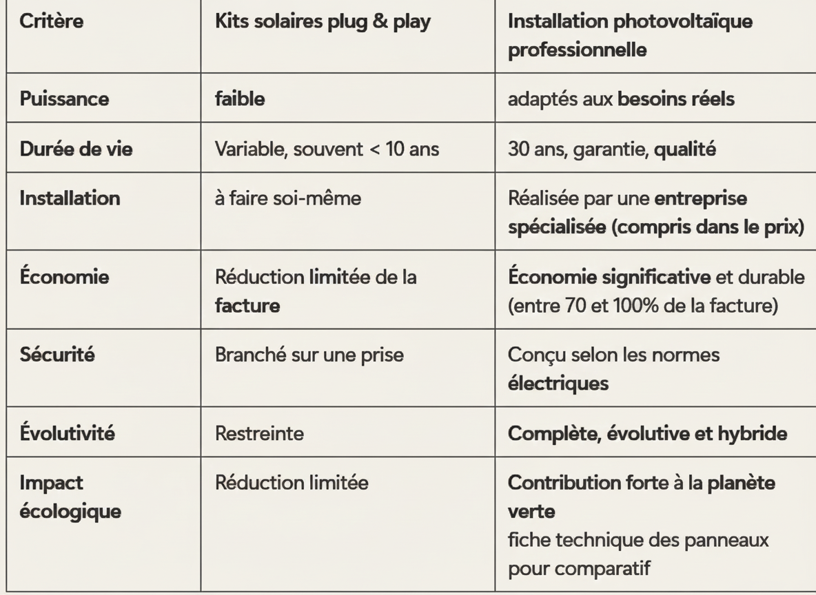 tableau comparatif kit solaire vs installation photovoltaïque
