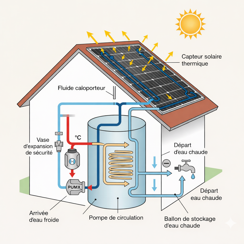 Schéma explicatif fonctionnement panneau solaire thermique