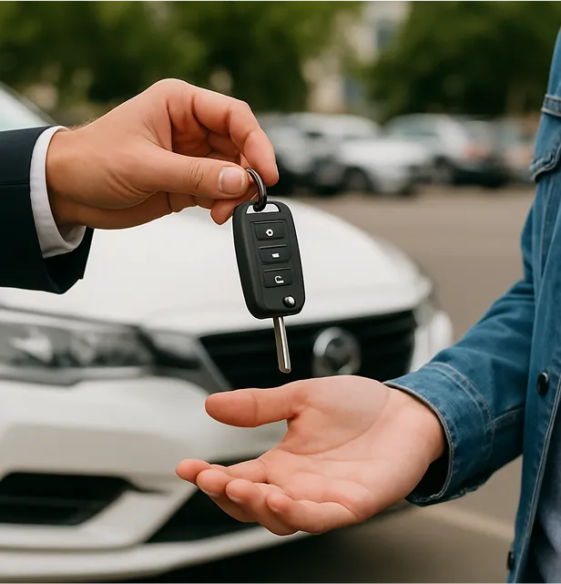 Eine Person übergibt einem anderen die Autoschlüssel vor einem weißen Auto.