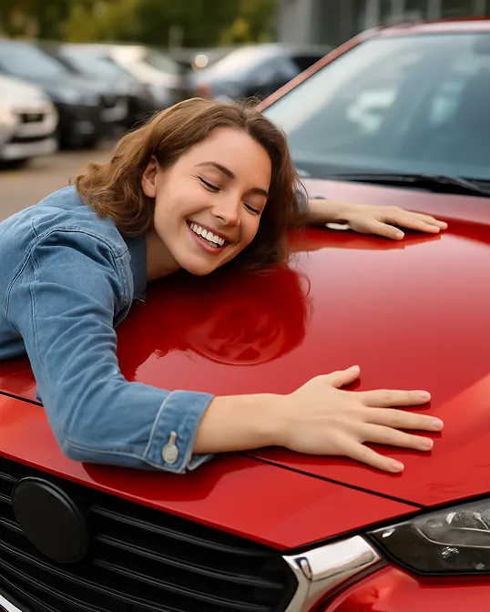 Frau in Jeansjacke umarmt lächelnd die Motorhaube eines roten Autos auf einem Parkplatz.