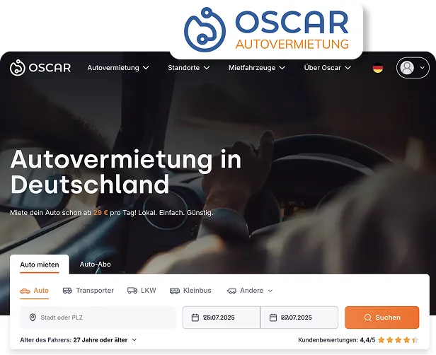 Webseite von Oscar Autovermietung mit Suchformular für Mietwagen in Deutschland und Menüoptionen.