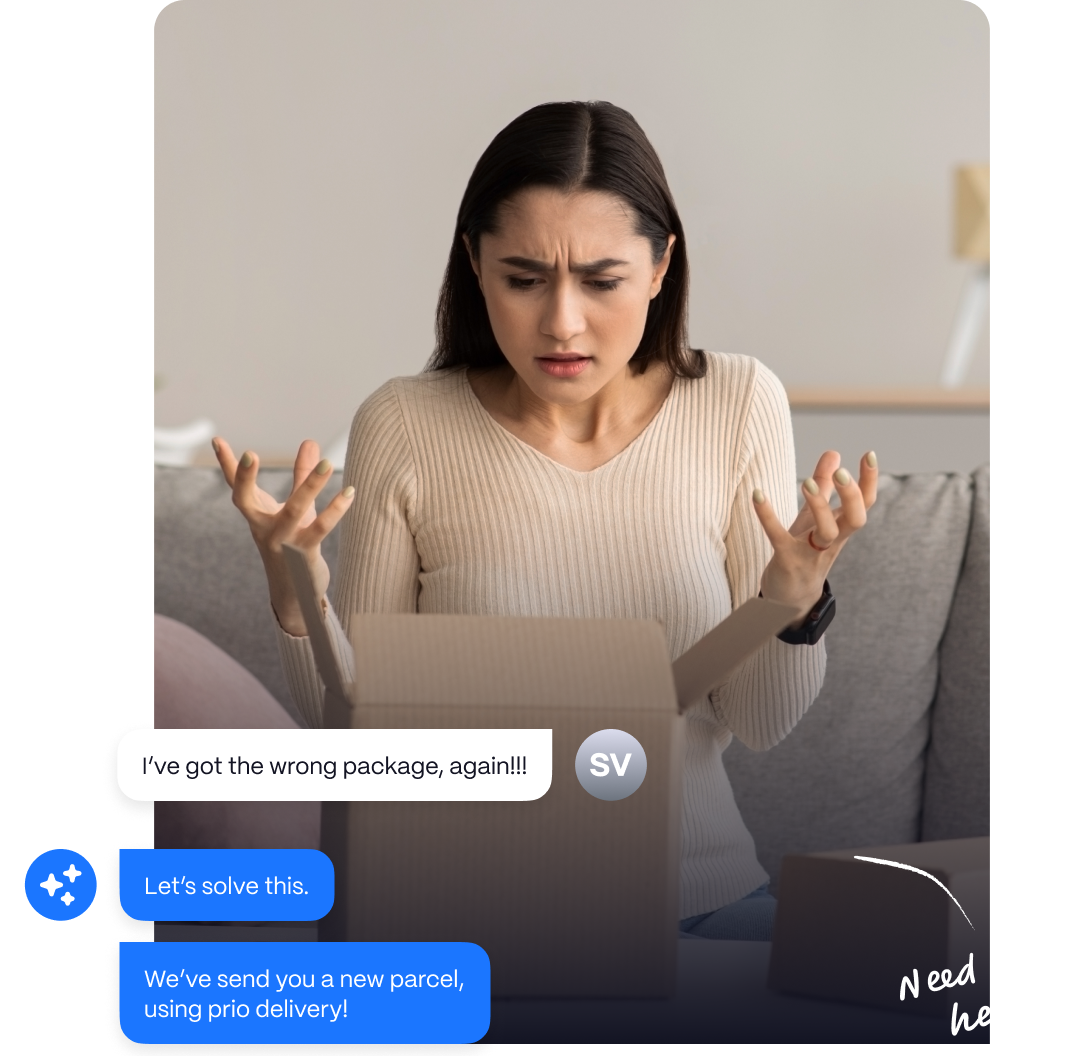 Frustrated woman looking at an open cardboard box while holding her hands up in confusion on a couch.