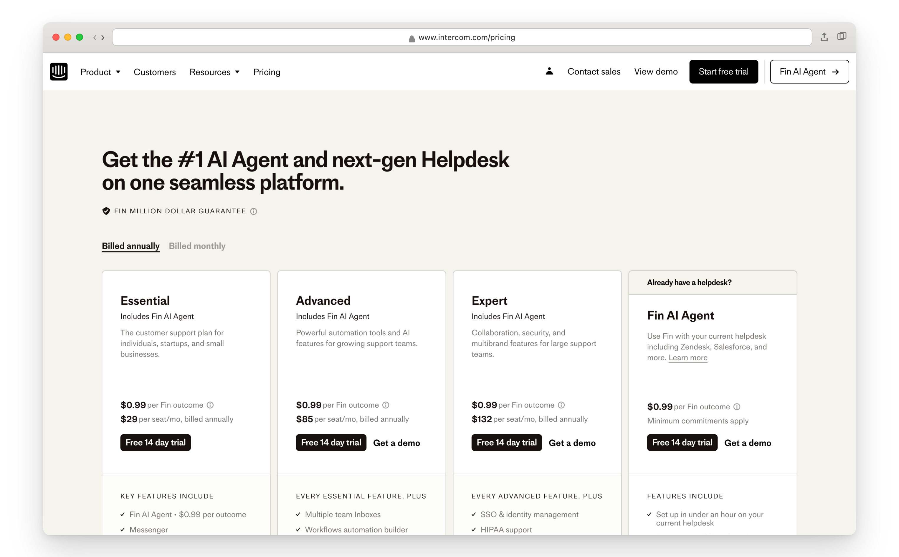 Intercom pricing page showing per-seat and Fin AI pricing