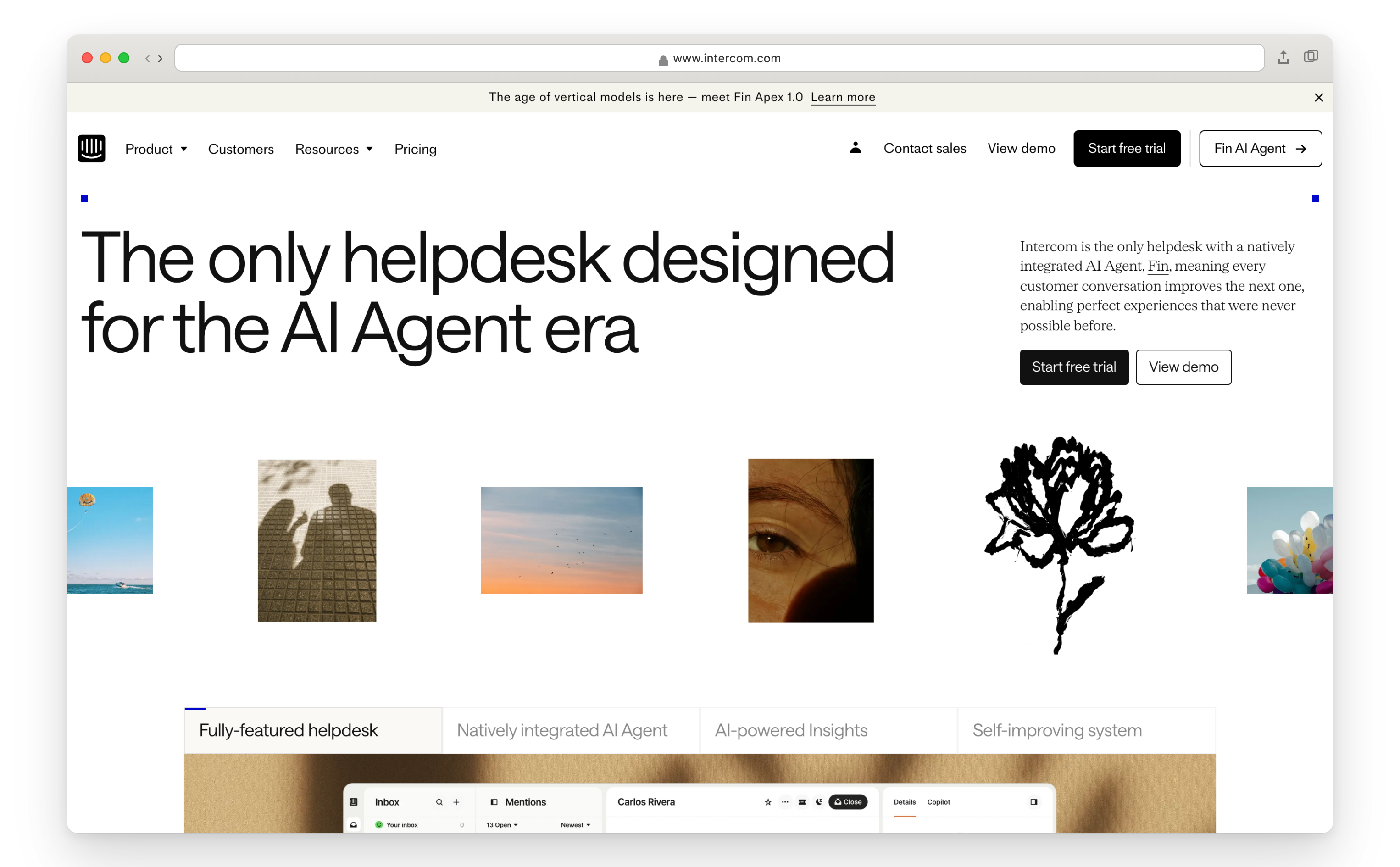 Intercom homepage showing AI-first helpdesk positioning