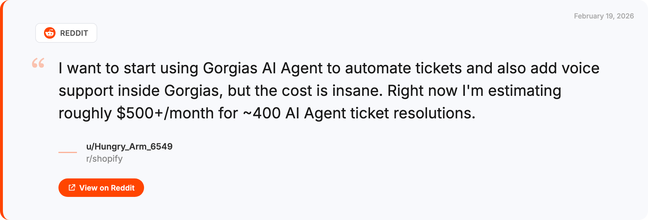 Reddit quote from r/shopify: Gorgias AI cost is insane, $500+/month for 400 resolutions