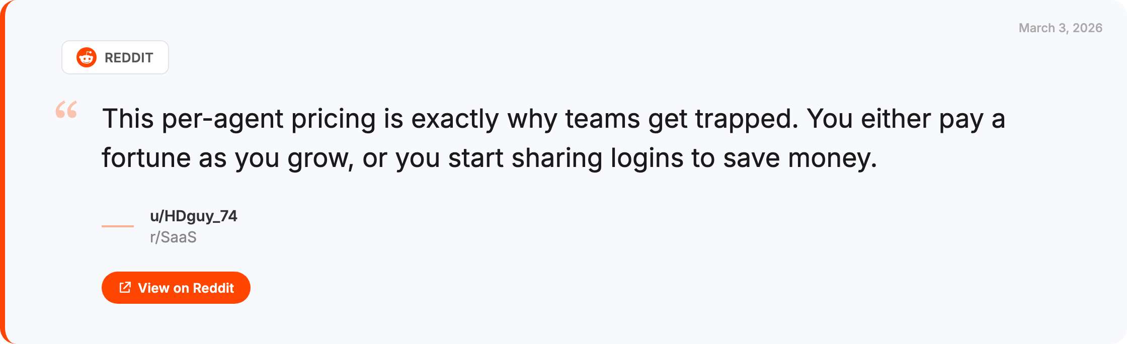 Reddit quote from r/SaaS about per-agent pricing trapping growing teams