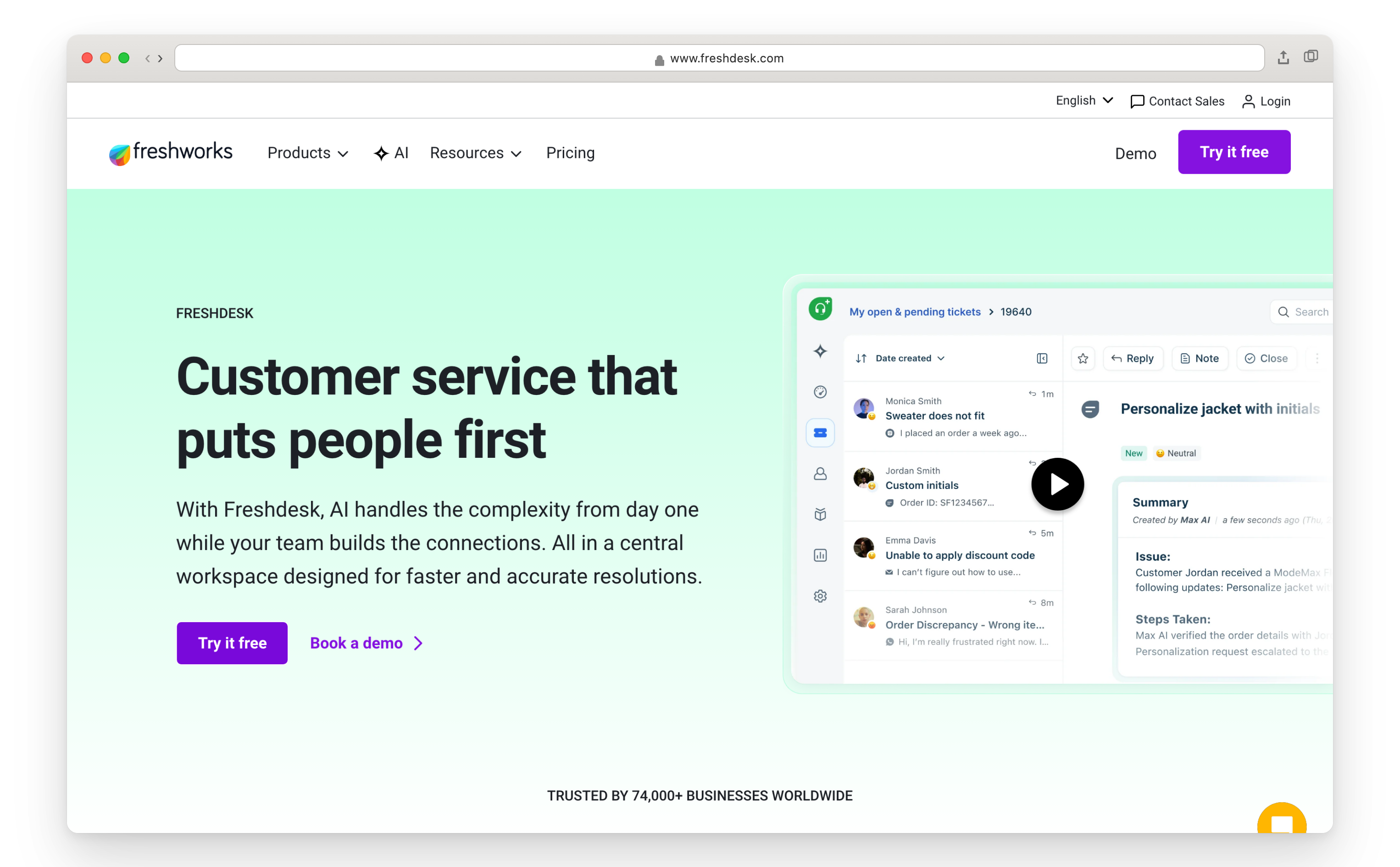 Freshdesk homepage showing help desk and ticketing features