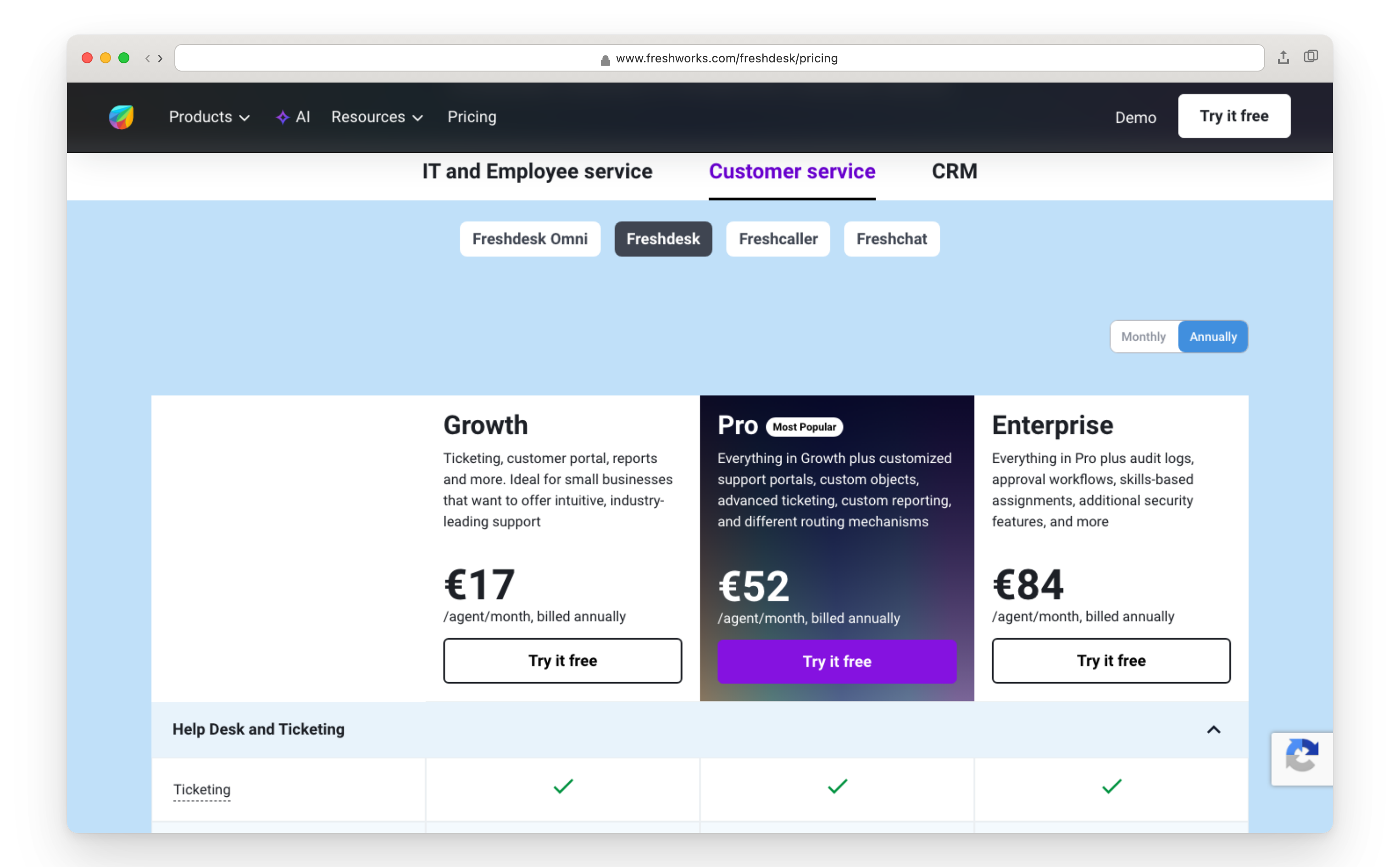 Freshdesk pricing page showing per-agent ticketing and Omni plans