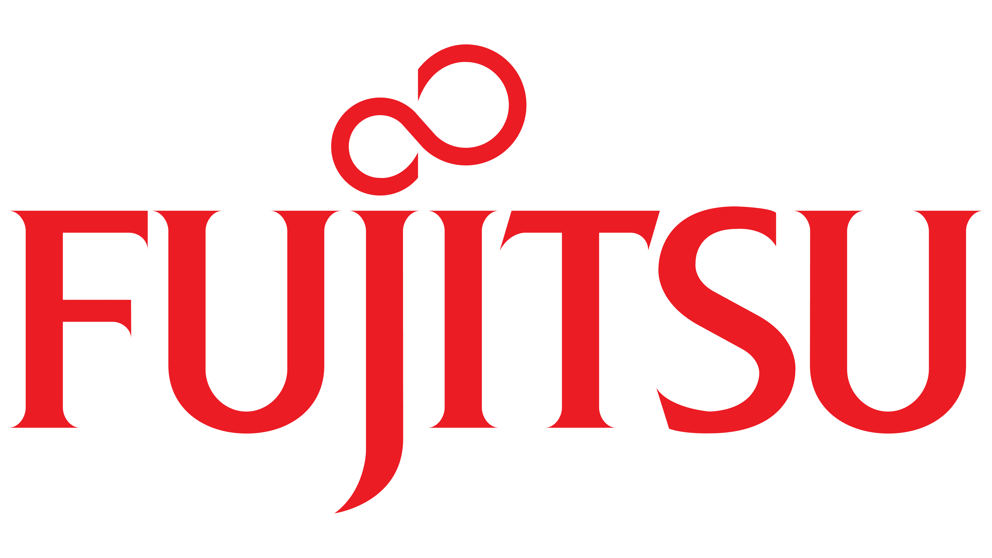 Red Fujitsu logo with stylized infinity symbol above the letters.