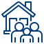 Blue icon of a family of three standing in front of a house.