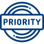 Blue priority icon with a checkmark inside a circle surrounded by three curved lines.