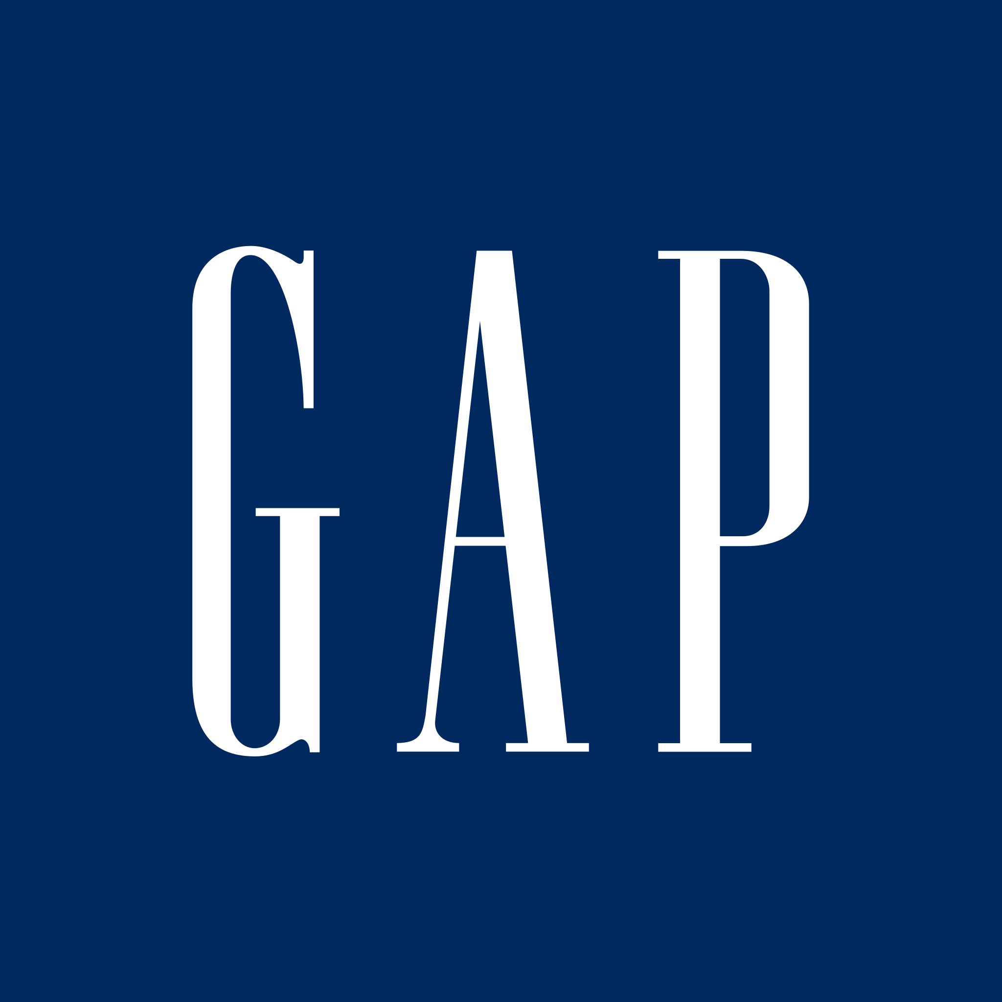 White GAP logo text on a dark blue square background.