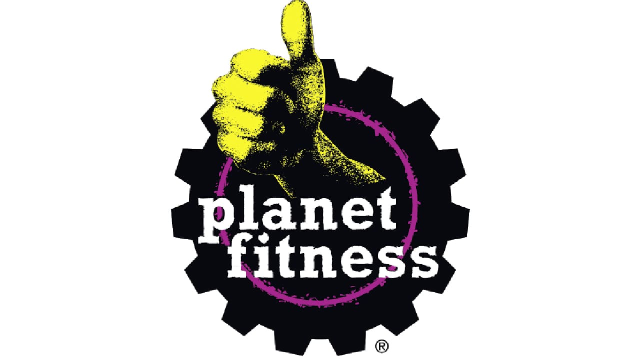 Planet Fitness logo featuring a black gear with a purple circular outline and a yellow thumbs-up hand above the text 'planet fitness'.