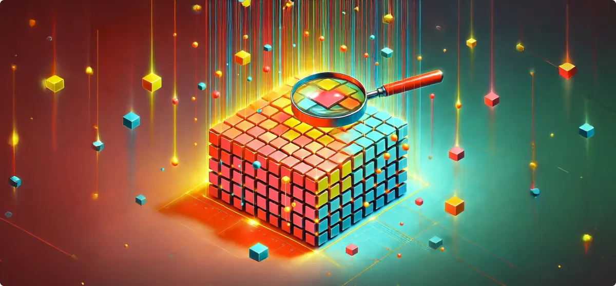Abstract illustration of a magnifying glass examining a grid of colorful cubes, with floating cube particles falling from above, in warm red and cool teal tones.