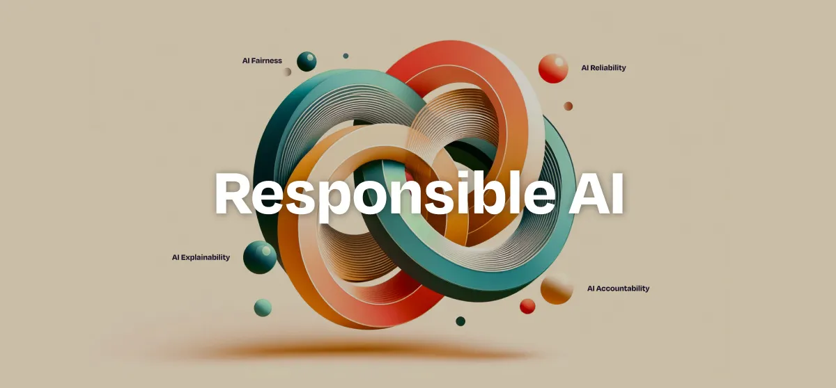 Responsible AI' text over an illustration of interlocking rings labeled AI Fairness, AI Reliability, AI Explainability, and AI Accountability.