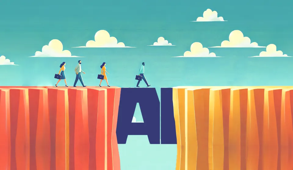Illustration of businesspeople with briefcases walking across a gap between two cliffs, bridged by large letters spelling 'AI.
