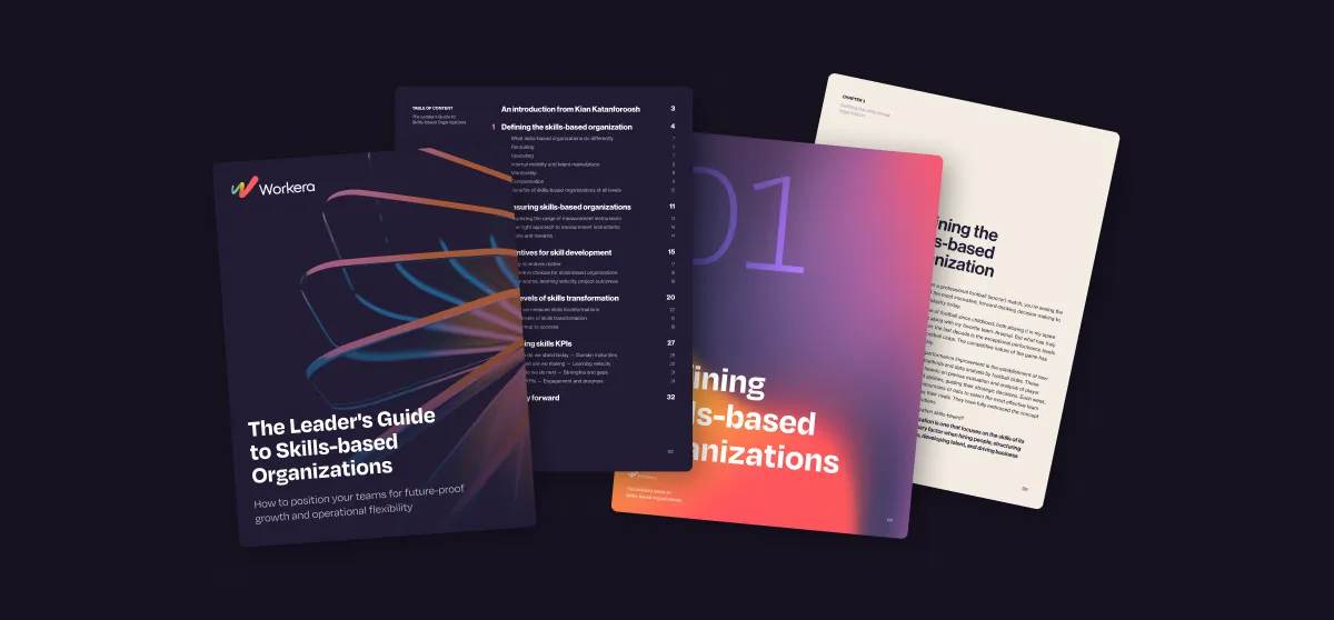 Fanned pages of Workera's 'The Leader's Guide to Skills-based Organizations' guide, showing the cover, table of contents, and a chapter page.