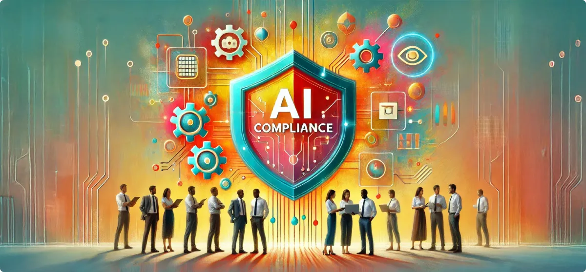 Illustration of a shield reading 'AI Compliance' surrounded by gears, circuits, and an eye icon, with a row of businesspeople standing beneath it.