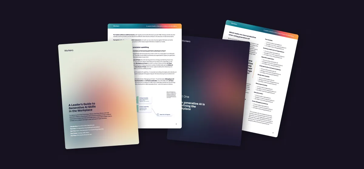 Fanned pages of Workera's 'A Leader's Guide to Generative AI Skills in the Workplace' guide, showing the cover, table of contents, and interior chapter pages.