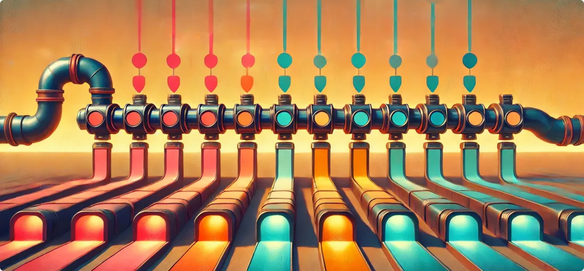 Illustration of a horizontal pipe with multiple valves branching downward into colorful pink-to-teal channels, resembling a data pipeline or sorting system.