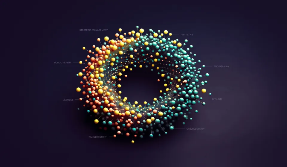 Abstract ring-shaped network diagram made of colorful spheres, labeled with skill categories including Strategic Management, Public Health, Medicine, World History, Statistics, Engineering, Spanish, and Cybersecurity.