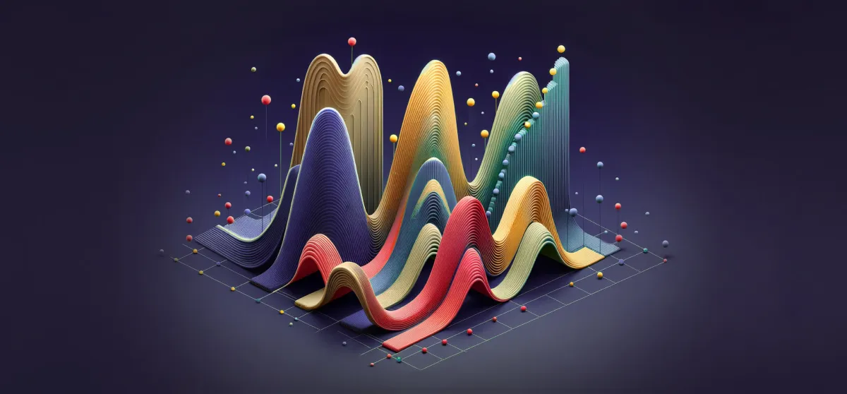 Abstract 3D data visualization of colorful wavy ribbon-like curves rising and falling over a grid, with scattered small spheres, on a dark purple background.