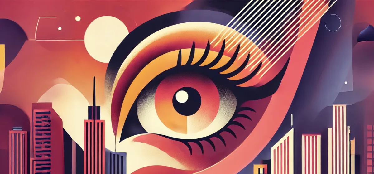 Abstract illustration of a large stylized eye overlooking a city skyline, in warm red, orange, and purple tones.