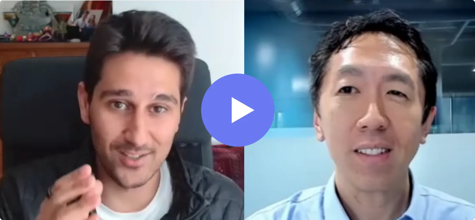 Play button over a video call thumbnail with two speakers.