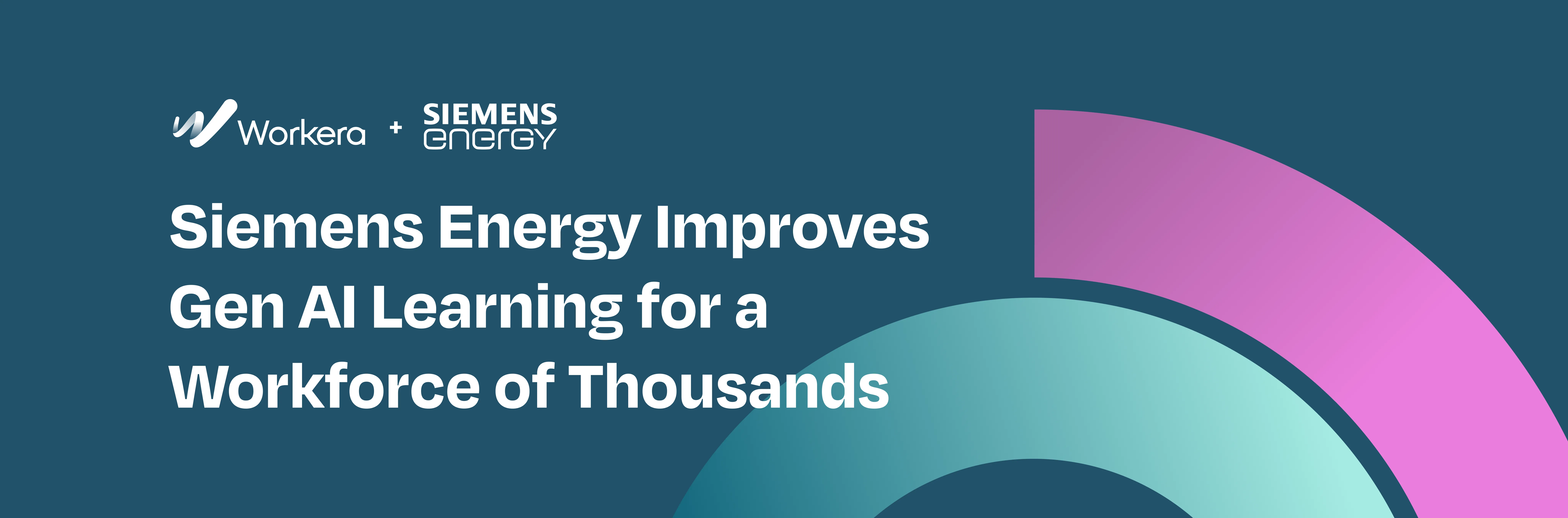 Workera and Siemens Energy logos above the headline 'Siemens Energy Improves Gen AI Learning for a Workforce of Thousands,' with pink and teal arc graphics on a dark blue background.