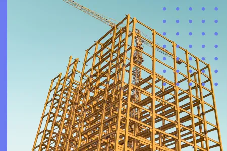 Steel framework of a building under construction against a blue sky, with a decorative purple dot pattern overlay in the corner.