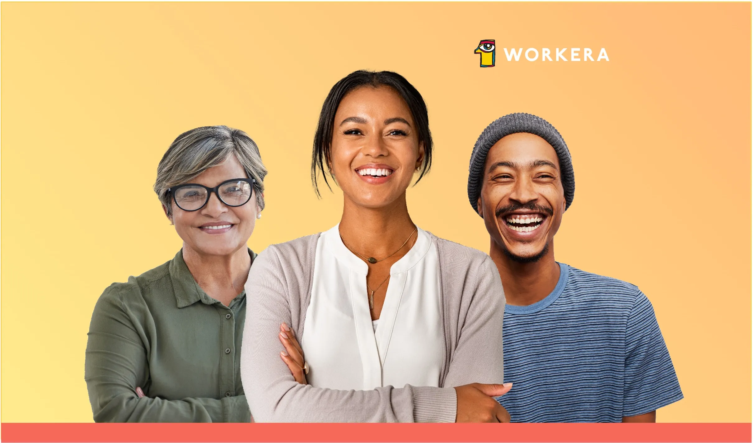 Three smiling professionals of different ages standing together with arms crossed, on an orange background with the Workera logo.