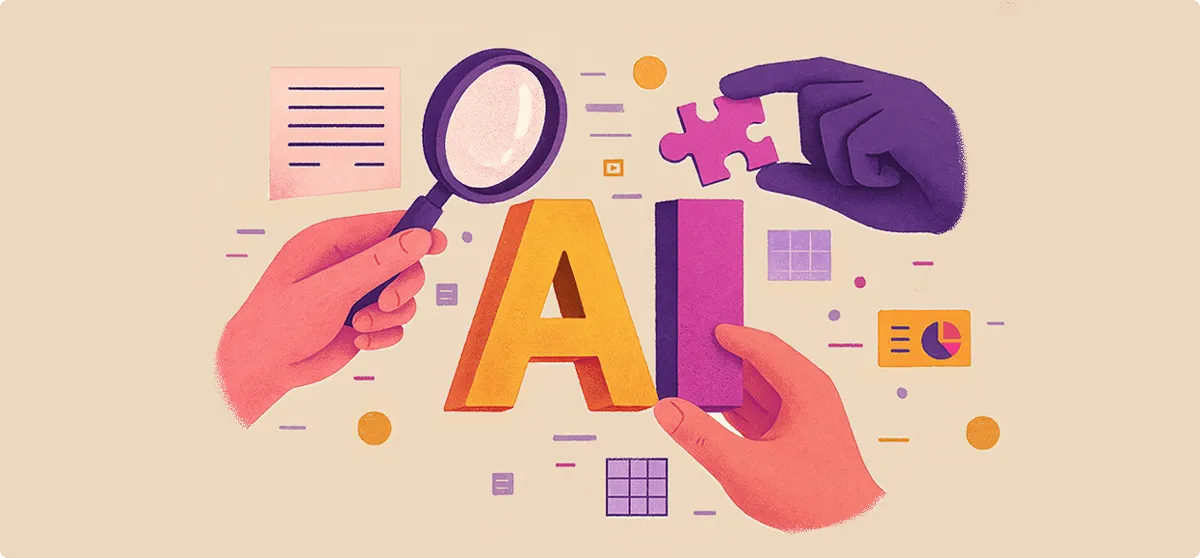 Illustration of hands holding a magnifying glass, puzzle piece, and letters spelling 'AI,' surrounded by icons representing documents, charts, and data.