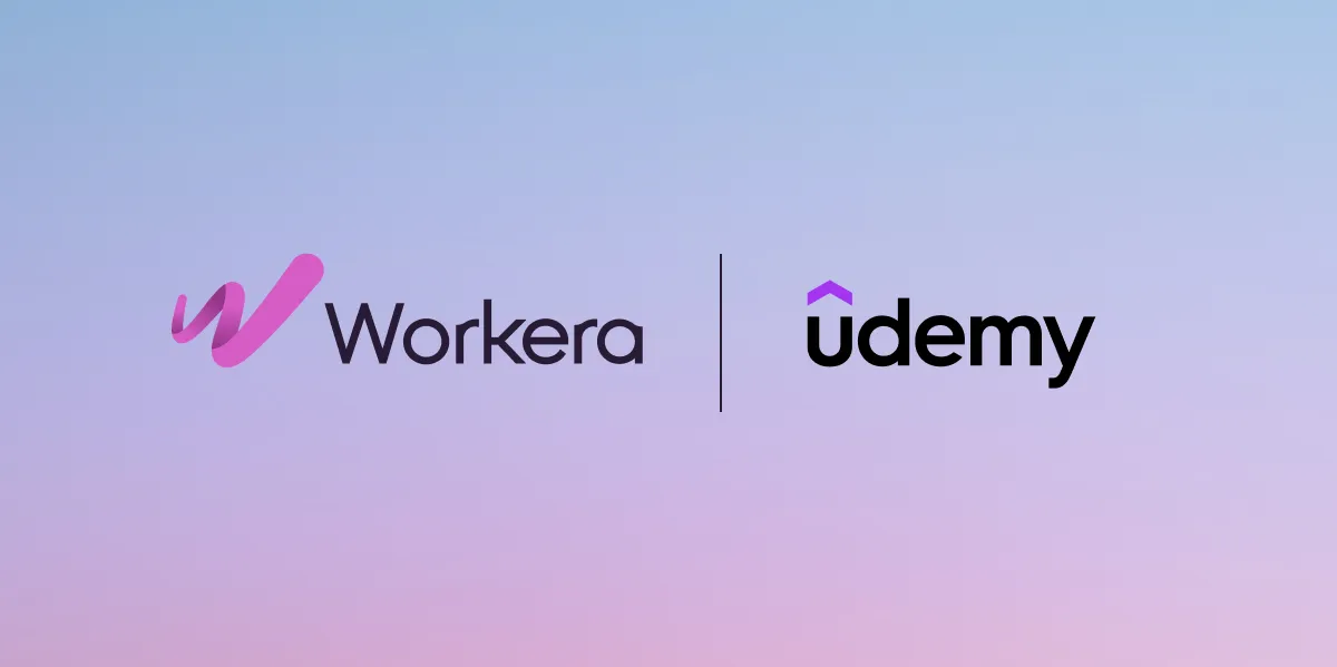 Workera and Udemy logos side by side, separated by a vertical divider, on a blue-to-pink gradient background.