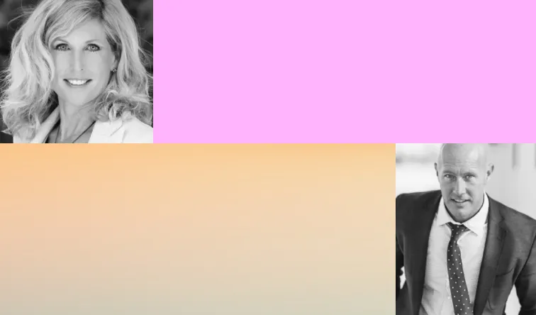 Grid graphic with black and white headshots of a woman and a man, alongside a pink color block and a tan gradient block.