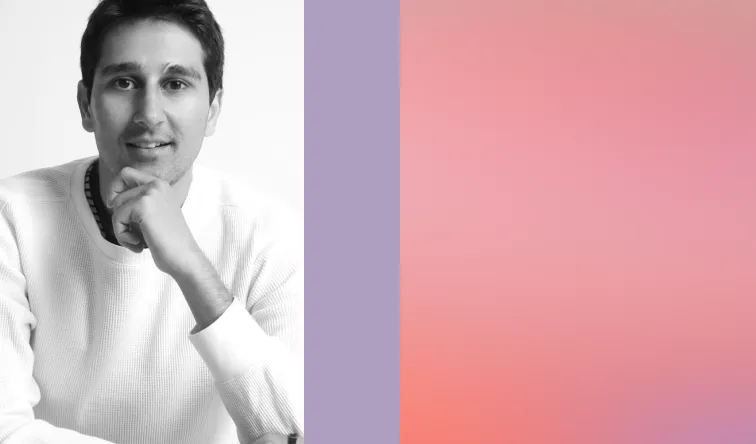 Black and white headshot of a man resting his chin on his hand, next to a purple and coral pink gradient color block.