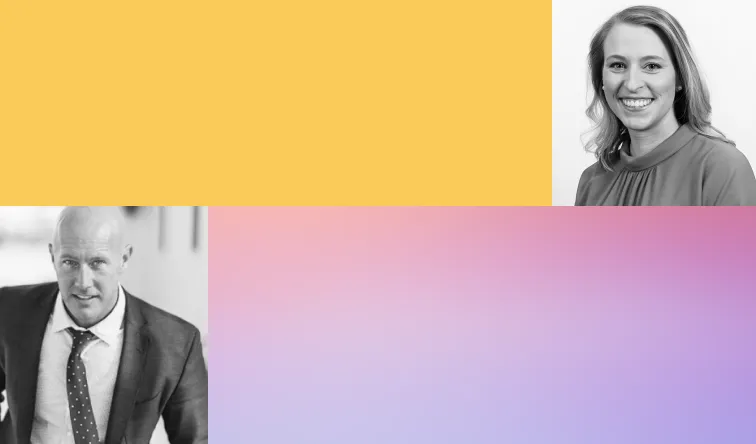 Grid graphic with black and white headshots of a man and a woman, alternating with a yellow color block and a pink to lavender gradient block.