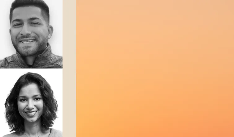 Black and white headshots of a man and a woman stacked vertically, next to a tan color block and an orange gradient background.