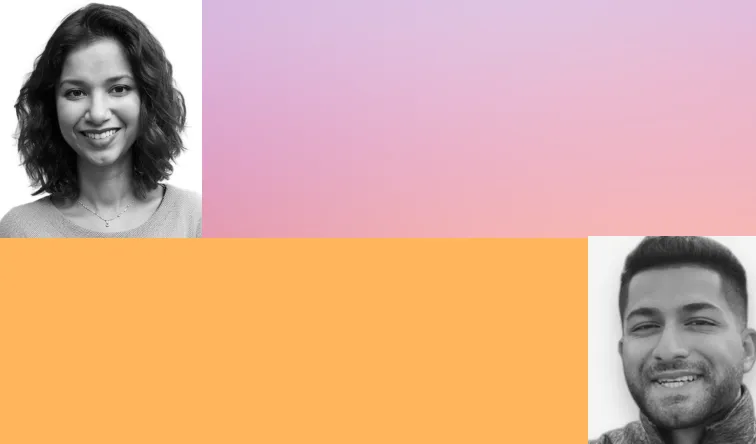 Grid graphic with black and white headshots of a woman and a man, alongside a lavender to pink gradient block and an orange color block.