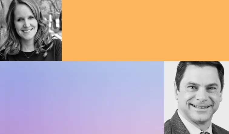 Grid graphic with black and white headshots of a woman and a man, alongside an orange color block and a blue to lavender gradient block.