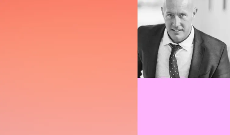 Black and white headshot of a man in a suit, next to a coral gradient block and a pink color block.