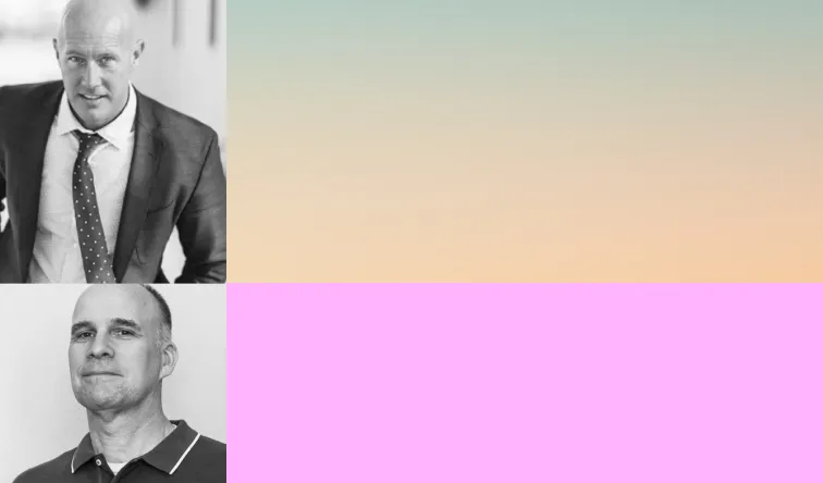 Grid graphic with black and white headshots of two men, alongside a green to orange gradient block and a pink color block.