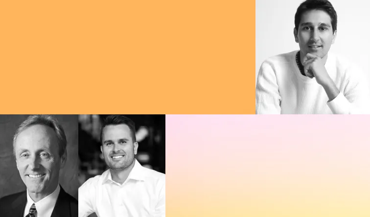 Grid graphic with black and white headshots of three men, alongside an orange color block and a light pink to yellow gradient block.