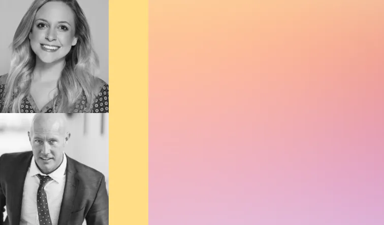 Black and white headshots of a woman and a man stacked vertically, next to a yellow color block and an orange to pink gradient background.