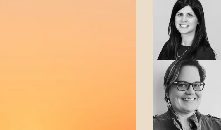 Black and white headshots of two women stacked vertically, next to an orange gradient block and a tan color block.