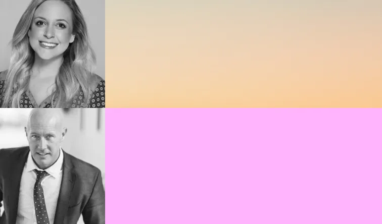 Grid graphic with black and white headshots of a woman and a man, alongside a tan to orange gradient block and a pink color block.