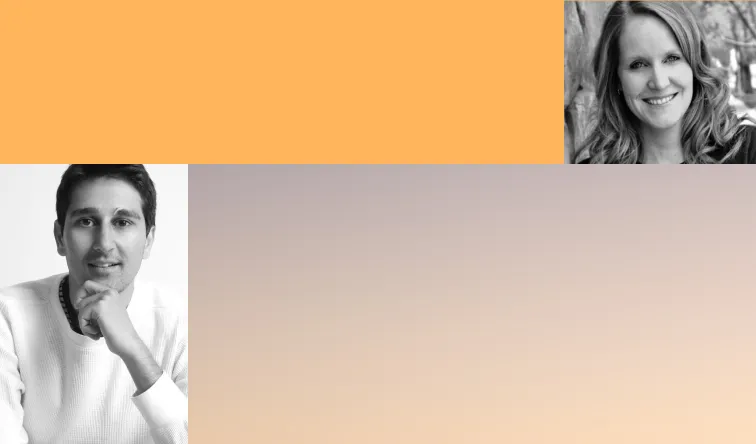 Grid graphic with black and white headshots of a woman and a man, alongside an orange color block and a tan gradient block.