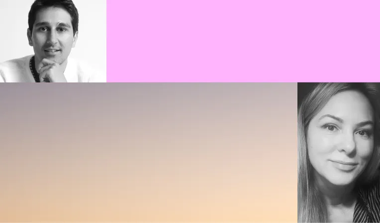 Grid graphic with black and white headshots of a man and a woman, alongside a pink color block and a lavender to orange gradient block.