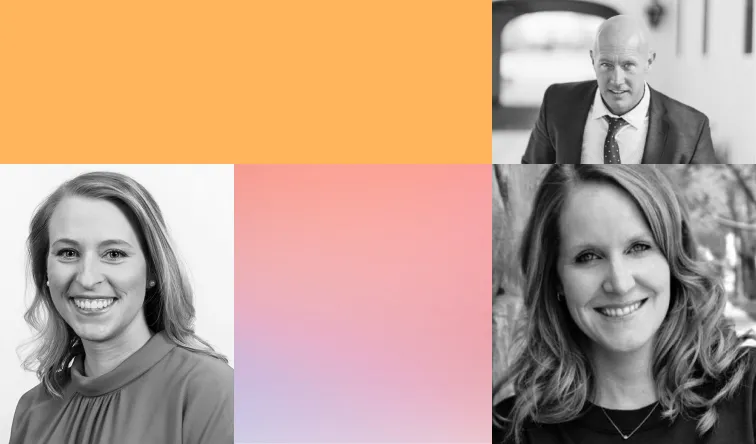 Grid graphic with black and white headshots of a man and two women, alongside an orange color block and a pink to lavender gradient block.